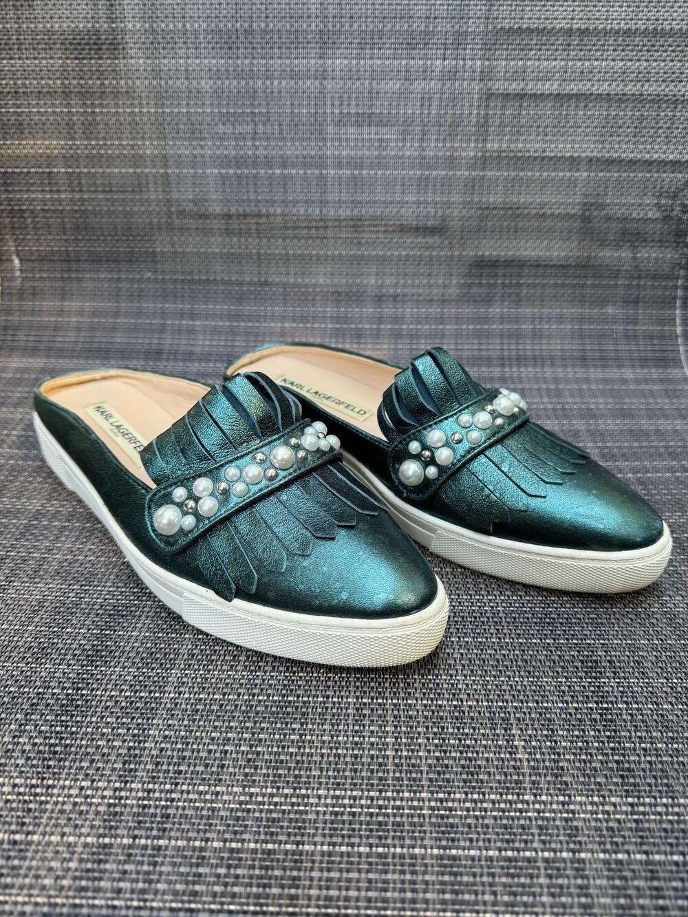 KARL LAGERFELD Alyssa Jeweled Slip On Mule Shoes 6.5M/37B Metallic Green Leather